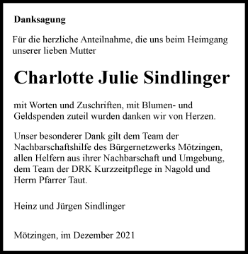 Traueranzeige von Charlotte Julie Sindlinger von Kreiszeitung Böblinger Bote