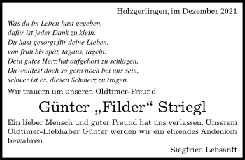 Traueranzeige von Günter Striegl von Kreiszeitung Böblinger Bote