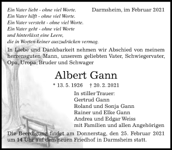 Traueranzeige von Albert Gann von Kreiszeitung Böblinger Bote