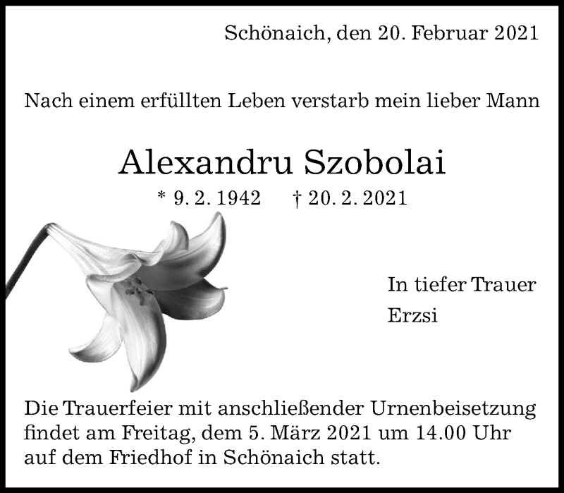 Traueranzeige für Alexandru Szobolai vom 25.02.2021 aus Kreiszeitung Böblinger Bote