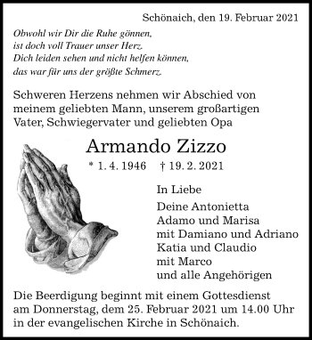 Traueranzeige von Armando Zizzo von Kreiszeitung Böblinger Bote