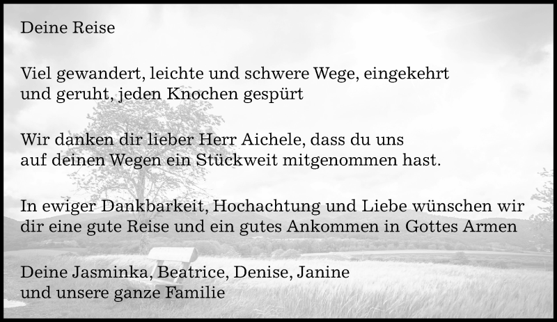  Traueranzeige für Deine Reise Aichele vom 23.02.2021 aus Kreiszeitung Böblinger Bote