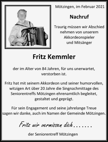 Traueranzeige von Fritz Kemmler von Kreiszeitung Böblinger Bote