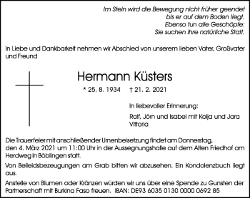 Traueranzeige von Hermann Küsters von Kreiszeitung Böblinger Bote