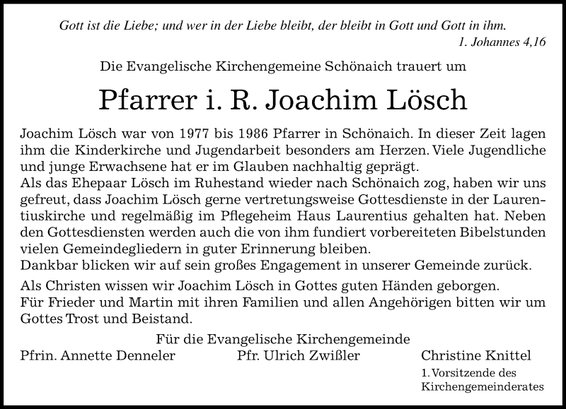  Traueranzeige für Joachim Lösch vom 20.02.2021 aus Kreiszeitung Böblinger Bote