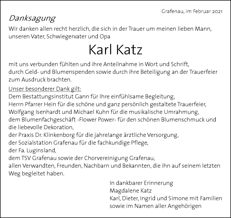 Traueranzeige für Karl Katz vom 25.02.2021 aus Kreiszeitung Böblinger Bote