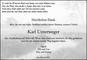 Traueranzeige von Karl Unterweger von Kreiszeitung Böblinger Bote