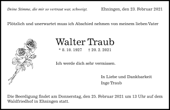 Traueranzeige von Walter Traub von Kreiszeitung Böblinger Bote