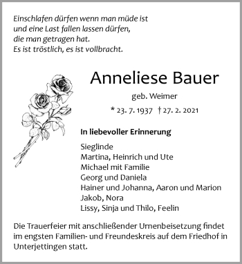 Traueranzeige von Anneliese Bauer von Kreiszeitung Böblinger Bote