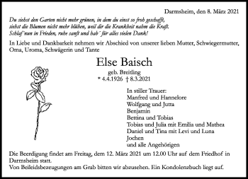 Traueranzeige von Else Baisch von Kreiszeitung Böblinger Bote