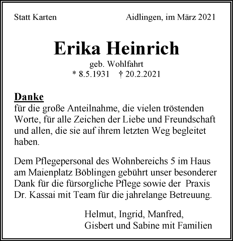  Traueranzeige für Erika Heinrich vom 10.03.2021 aus Kreiszeitung Böblinger Bote