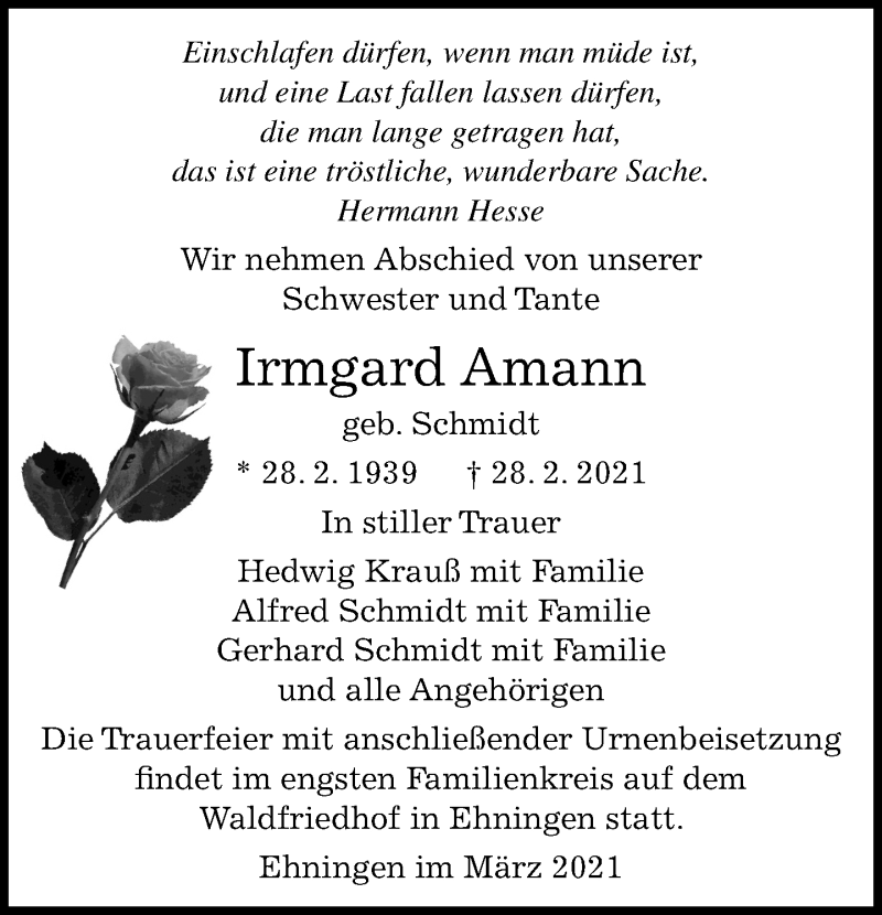  Traueranzeige für Irmgard Amann vom 11.03.2021 aus Kreiszeitung Böblinger Bote