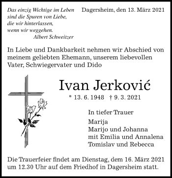 Traueranzeige von Ivan Jerkovic von Kreiszeitung Böblinger Bote