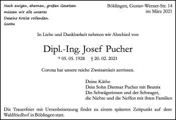 Traueranzeige von Josef Pucher von Kreiszeitung Böblinger Bote