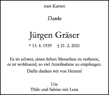 Traueranzeige von Jürgen Gräser von Kreiszeitung Böblinger Bote