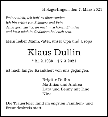 Traueranzeige von Klaus Dullin von Kreiszeitung Böblinger Bote