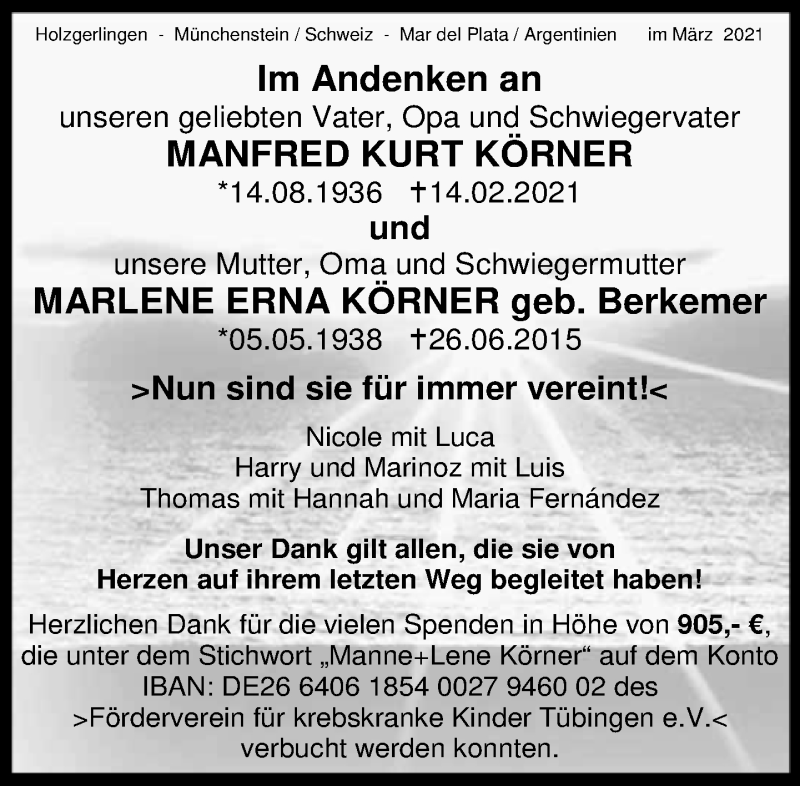 Traueranzeige für Manfred Kurt Körner vom 16.03.2021 aus Kreiszeitung Böblinger Bote