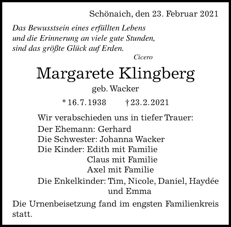  Traueranzeige für Margarete Klingberg vom 13.03.2021 aus Kreiszeitung Böblinger Bote