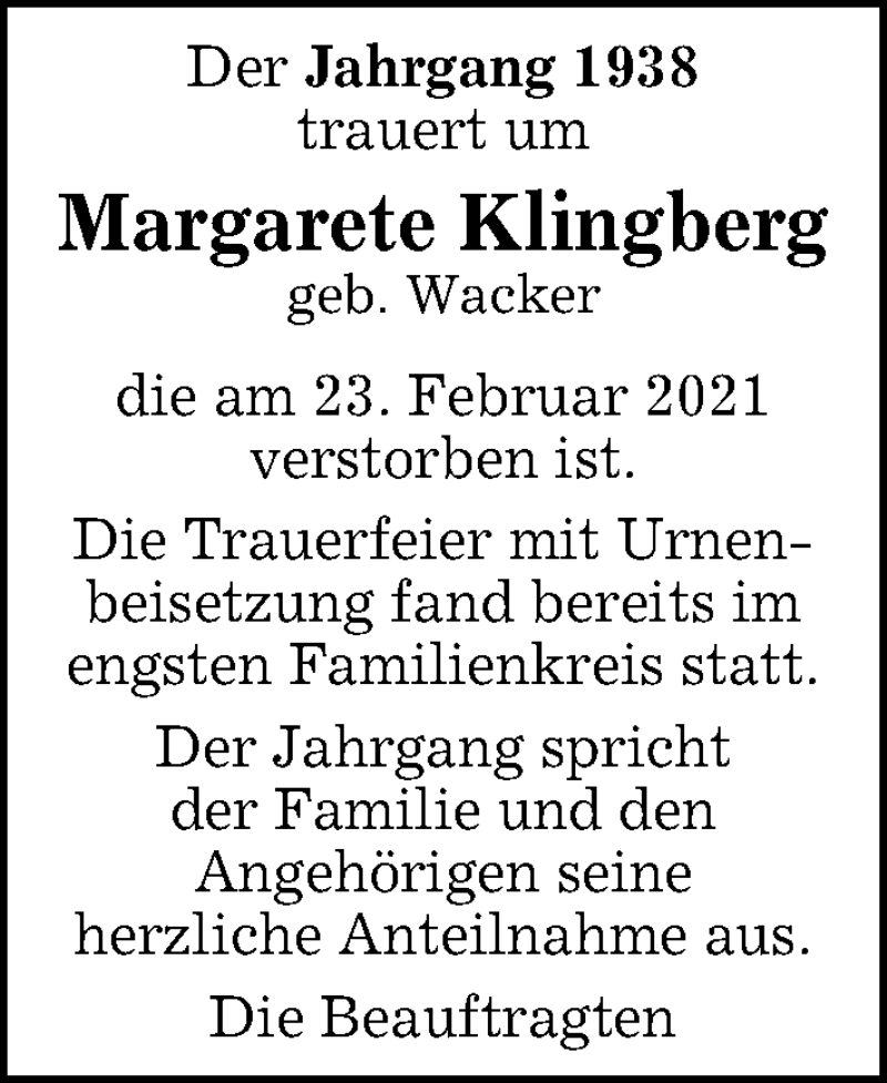  Traueranzeige für Margarete Klingberg vom 18.03.2021 aus Kreiszeitung Böblinger Bote