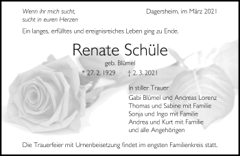 Traueranzeige von Renate Schüle von Kreiszeitung Böblinger Bote