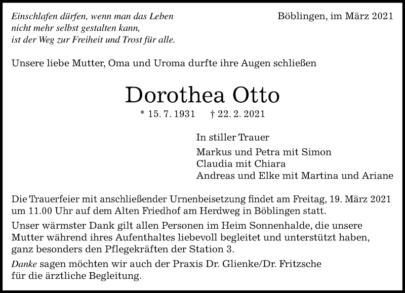  Traueranzeige für Dorothea Otto vom 08.03.2021 aus Kreiszeitung Böblinger Bote