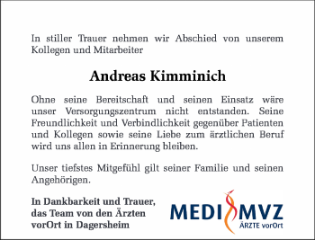 Traueranzeige von Andreas Kimminich von Kreiszeitung Böblinger Bote