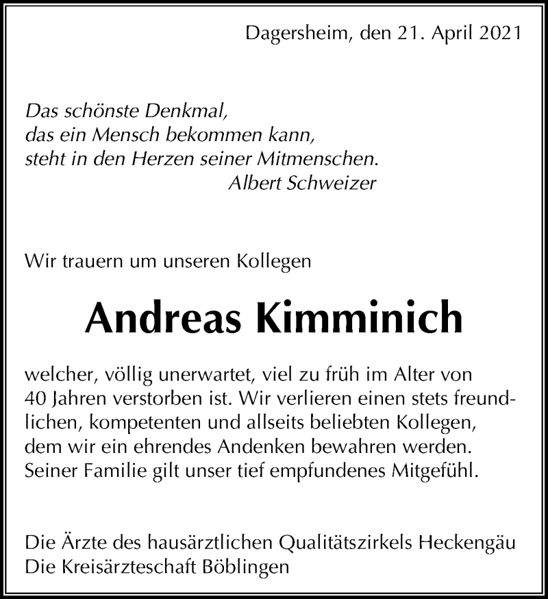  Traueranzeige für Andreas Kimminich vom 21.04.2021 aus Kreiszeitung Böblinger Bote