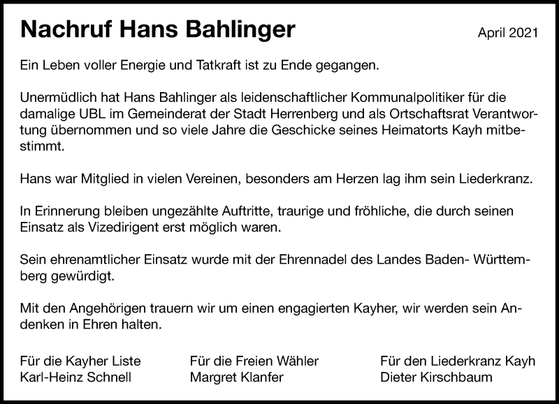  Traueranzeige für Hans Bahlinger vom 29.04.2021 aus Kreiszeitung Böblinger Bote