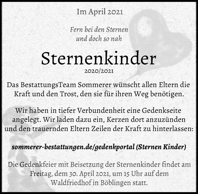  Traueranzeige für Sternenkinder  vom 27.04.2021 aus Kreiszeitung Böblinger Bote