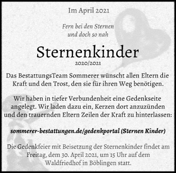 Traueranzeige von Sternenkinder  von Kreiszeitung Böblinger Bote