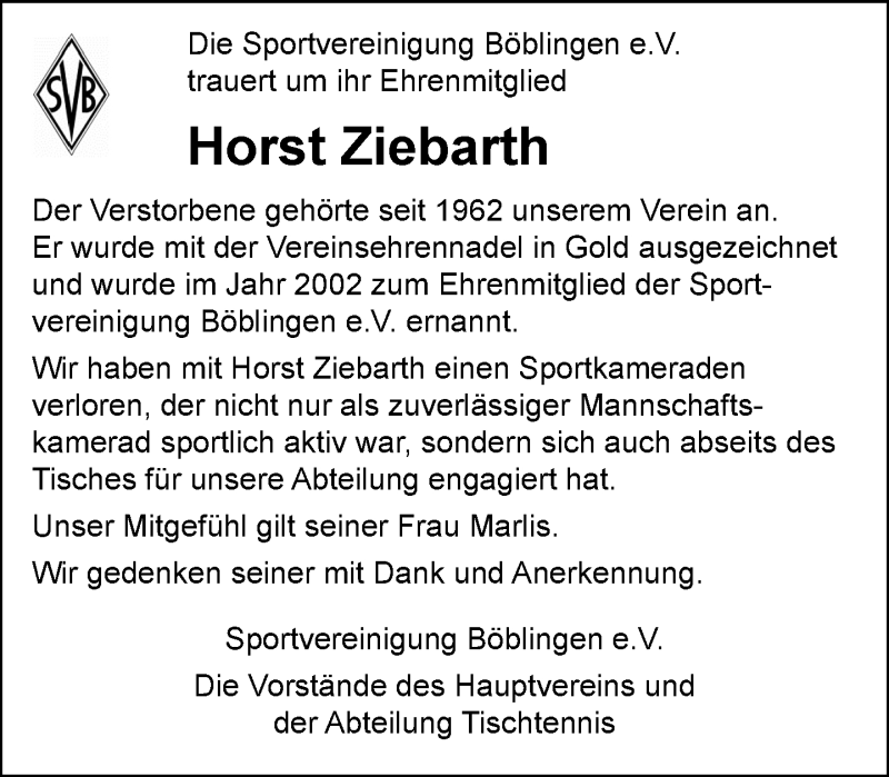  Traueranzeige für Horst Ziebarth vom 08.05.2021 aus Kreiszeitung Böblinger Bote