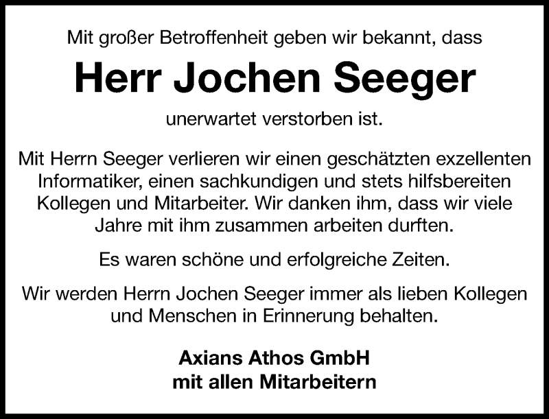  Traueranzeige für Jochen Seeger vom 12.05.2021 aus Kreiszeitung Böblinger Bote