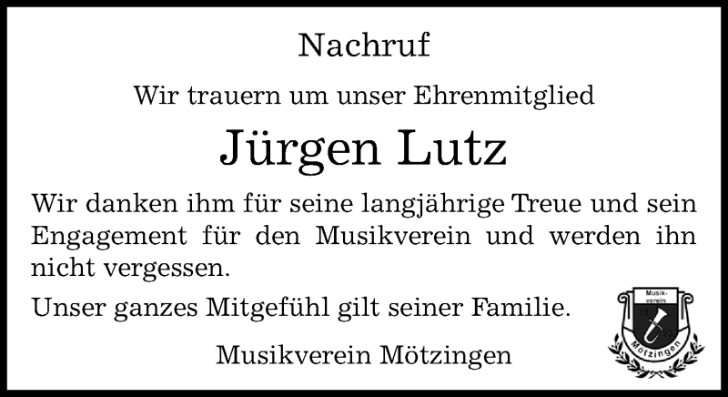  Traueranzeige für Jürgen Lutz vom 20.05.2021 aus Kreiszeitung Böblinger Bote