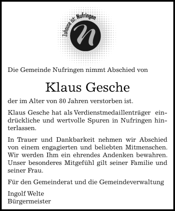 Traueranzeige von Klaus Gesche von Kreiszeitung Böblinger Bote