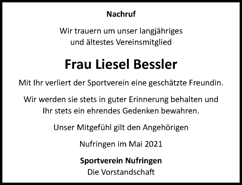  Traueranzeige für Liesel Bessler vom 04.06.2021 aus Kreiszeitung Böblinger Bote