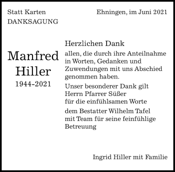 Traueranzeige von Manfred Hiller von Kreiszeitung Böblinger Bote