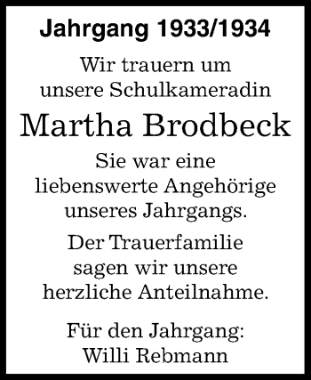 Traueranzeige von Martha Brodbeck von Kreiszeitung Böblinger Bote