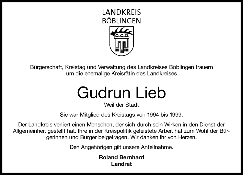 Traueranzeige für Gudrun Lieb vom 17.07.2021 aus Kreiszeitung Böblinger Bote
