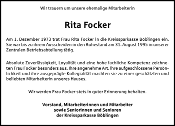 Traueranzeige von Rita Focker von Kreiszeitung Böblinger Bote