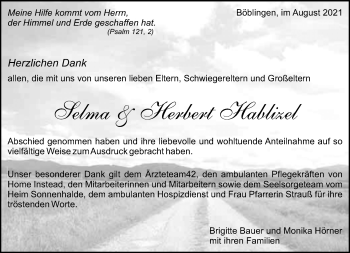 Traueranzeige von Selma und Herbert Hablizel von Kreiszeitung Böblinger Bote