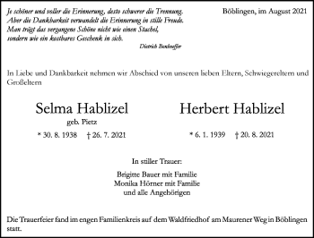 Traueranzeige von Selma und Herbert Hablizel von Kreiszeitung Böblinger Bote
