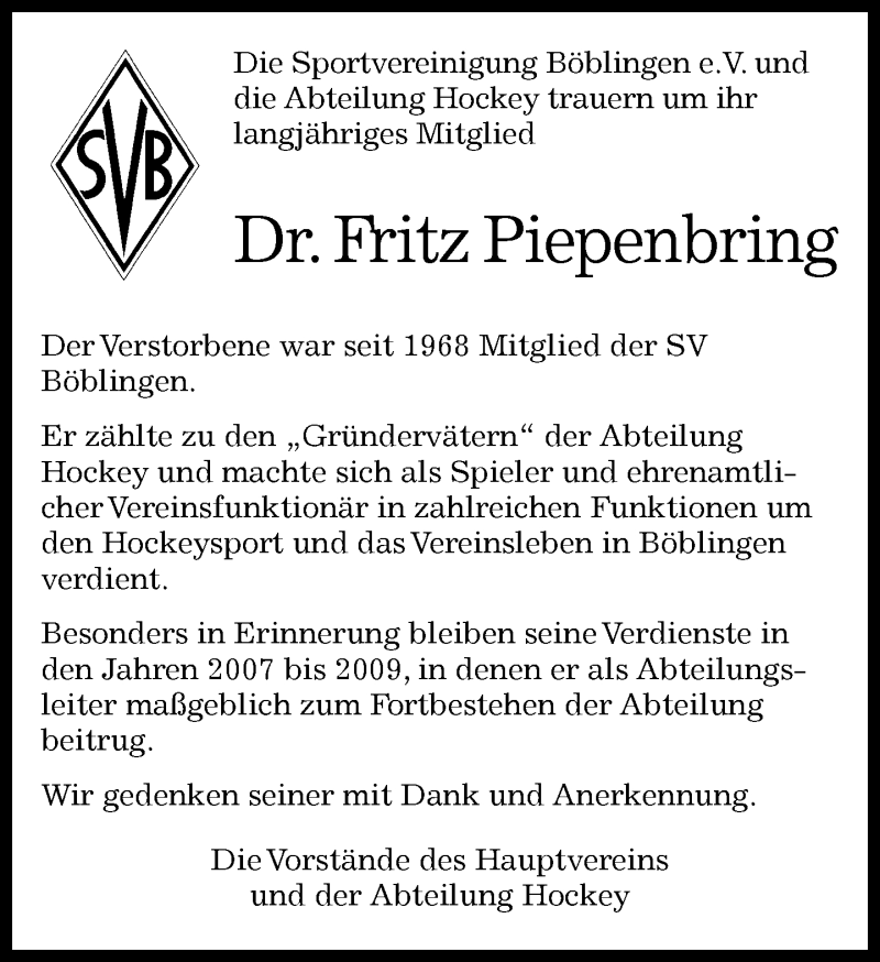  Traueranzeige für Fritz Piepenbring vom 25.09.2021 aus Kreiszeitung Böblinger Bote
