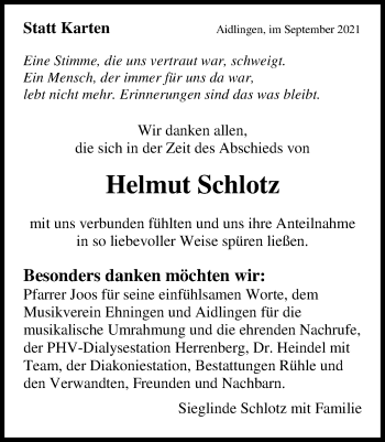 Traueranzeige von Helmut Schlotz von Kreiszeitung Böblinger Bote