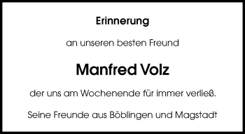 Traueranzeige von Manfred Volz von Kreiszeitung Böblinger Bote
