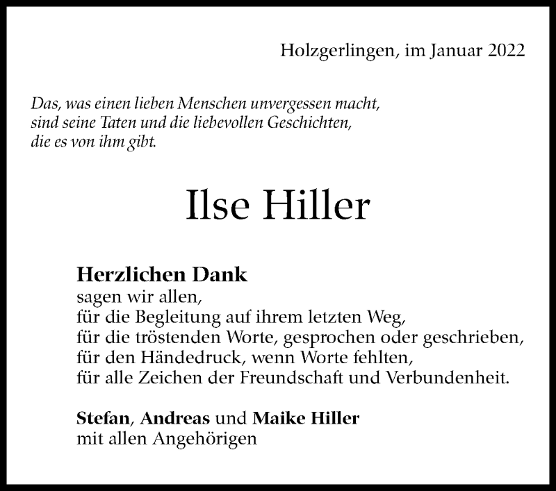  Traueranzeige für Ilse Hiller vom 21.01.2022 aus Kreiszeitung Böblinger Bote