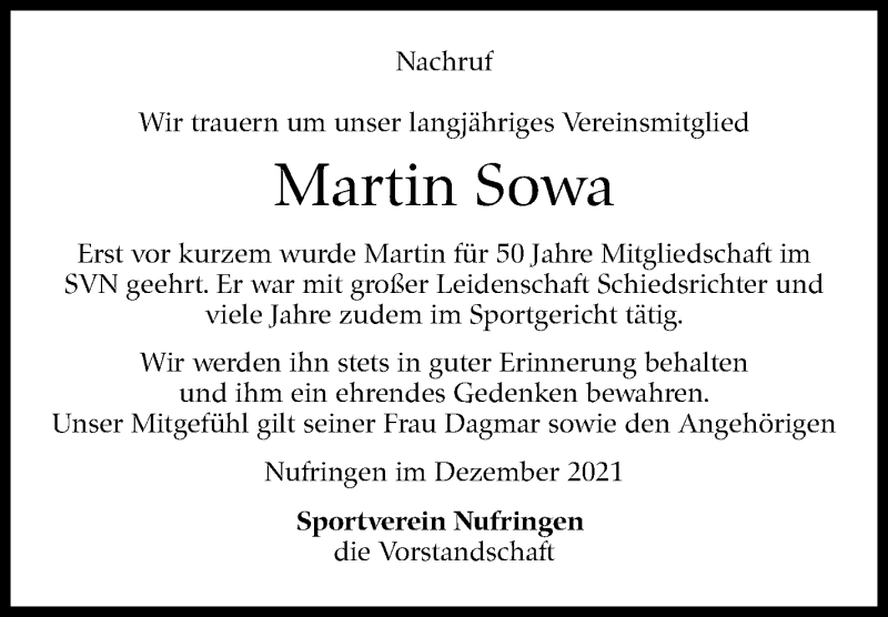  Traueranzeige für Martin Sowa vom 14.01.2022 aus Kreiszeitung Böblinger Bote