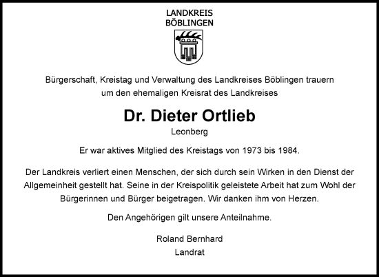 Traueranzeige von Dieter Ortlieb von Kreiszeitung Böblinger Bote