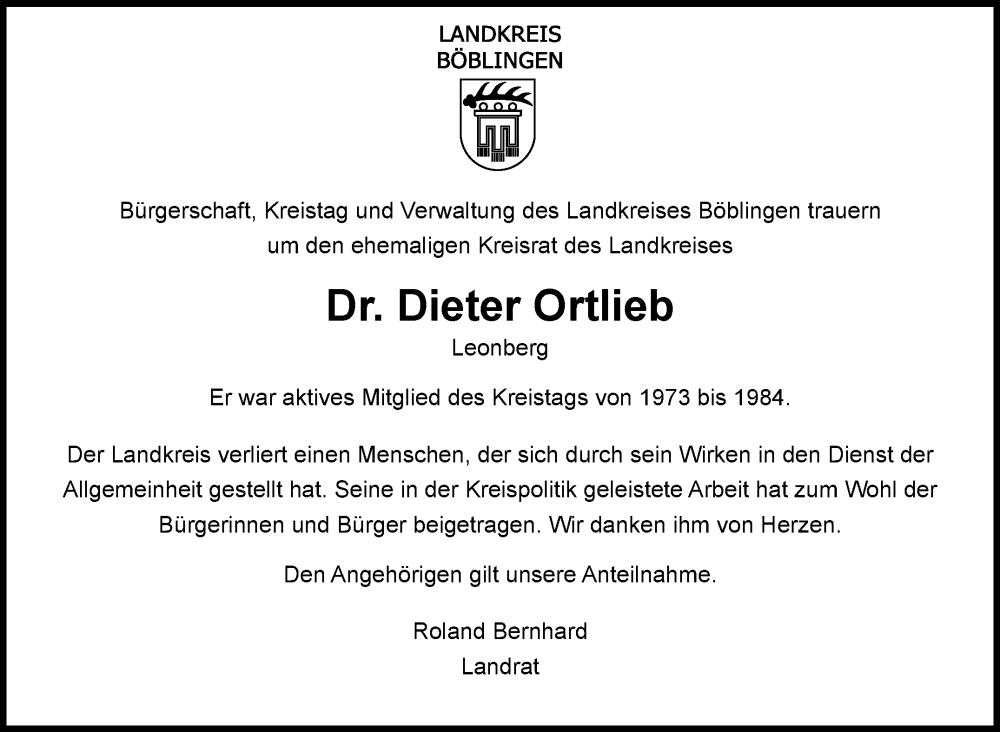  Traueranzeige für Dieter Ortlieb vom 19.10.2022 aus Kreiszeitung Böblinger Bote