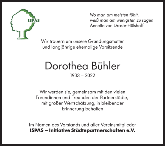 Traueranzeige von Drothea Bühler von Kreiszeitung Böblinger Bote
