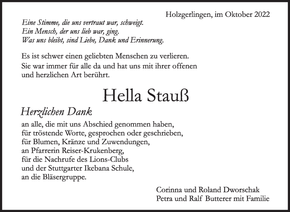  Traueranzeige für Hella Stauß vom 13.10.2022 aus Kreiszeitung Böblinger Bote